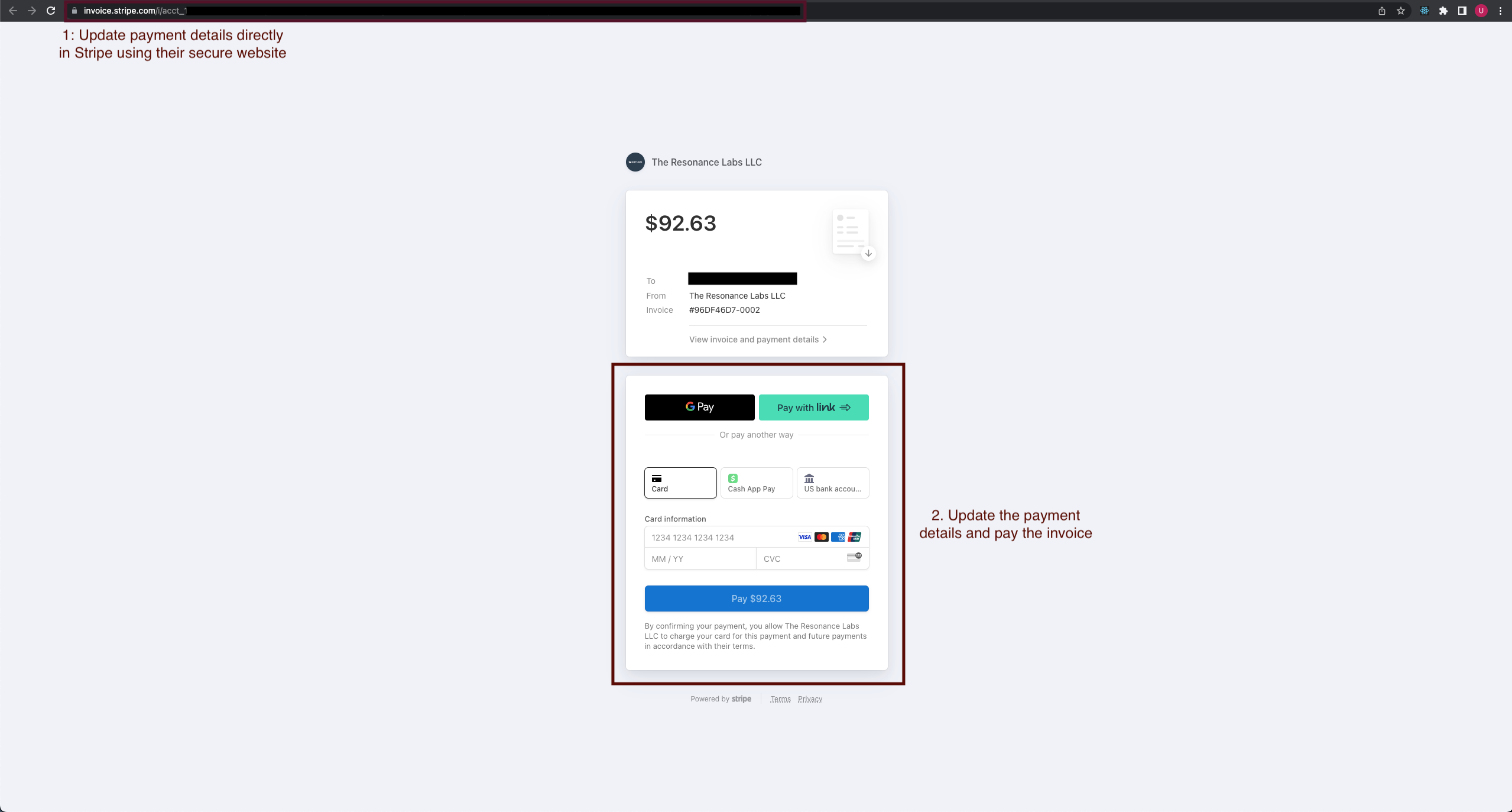 Updating payment details in stripe and paying the invoice
